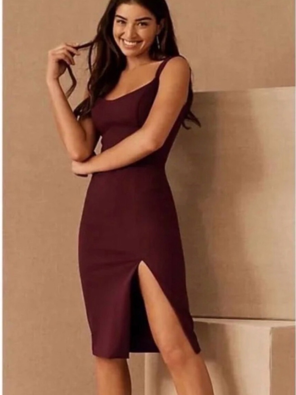 BHLDN Wine Burgundy Midi Dress with Side Slit
